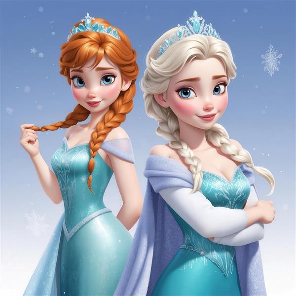 عکس السا و آنا کارتونی با لباس‌های آبی برای پوستر اتاق خواب دخترانه