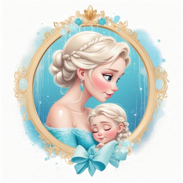 طرح السا و دخترش کارتونی در قاب آینه طلایی برای چاپ روی کوسن