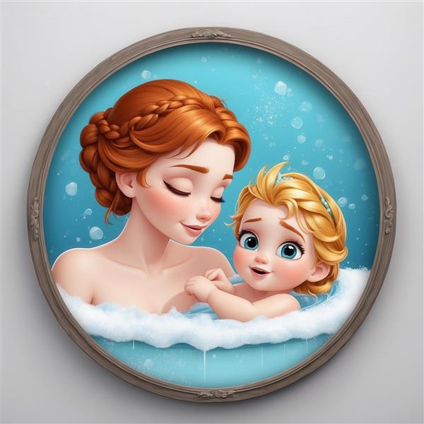 تصویر آنا و کودک کارتونی در حال حمام برای پوستر با طرح دایره
