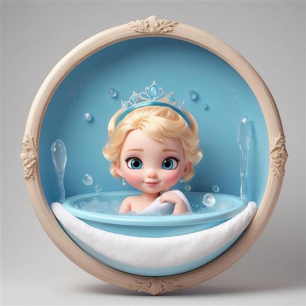 عکس السا کودک کارتونی در حال حمام برای پوستر دایره‌ای اتاق کودک
