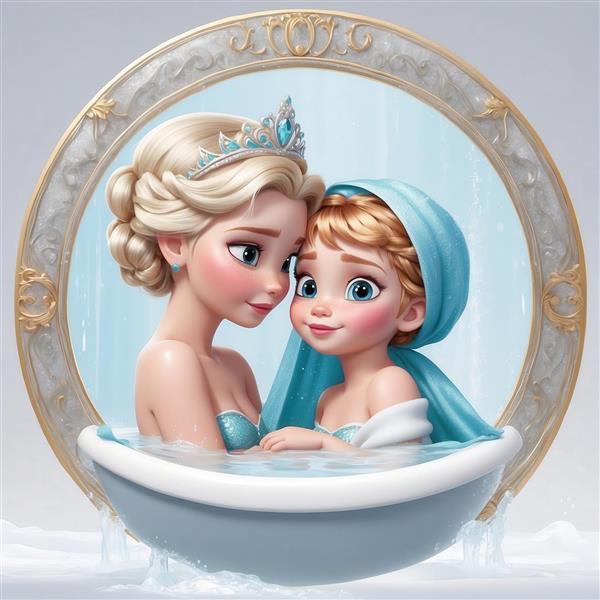 تصویر السا و آنا کارتونی در حال حمام کردن برای تابلو اتاق کودک