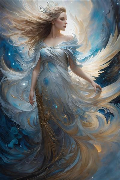 تصویر الهه زن فانتزی با لباس مجلسی آبی طلایی برای چاپ روی پرده