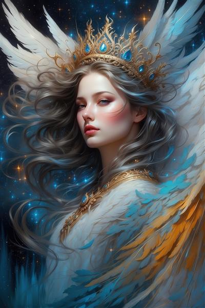 عکس فرشته زن تاجدار با بال‌های سفید و زمینه ستاره‌ای برای تابلو دکوراتیو