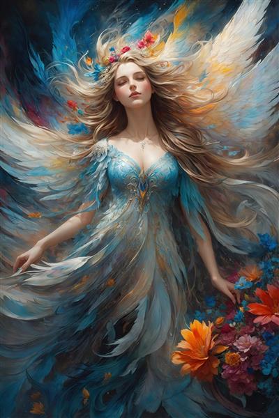 تصویر فرشته زن فانتزی با دسته گل رنگی برای چاپ روی پرده و کوسن