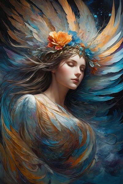 طرح الهه فانتزی خوابیده با بال‌های پر و تاج گل برای پوستر دیواری