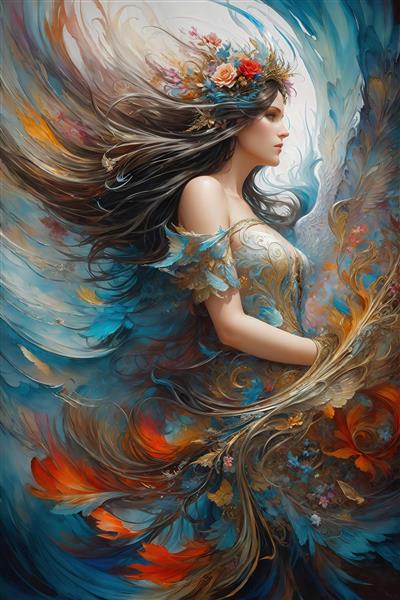 عکس زن فانتزی با تاج گل و موهای مواج آبی طلایی برای تابلو دکوراتیو