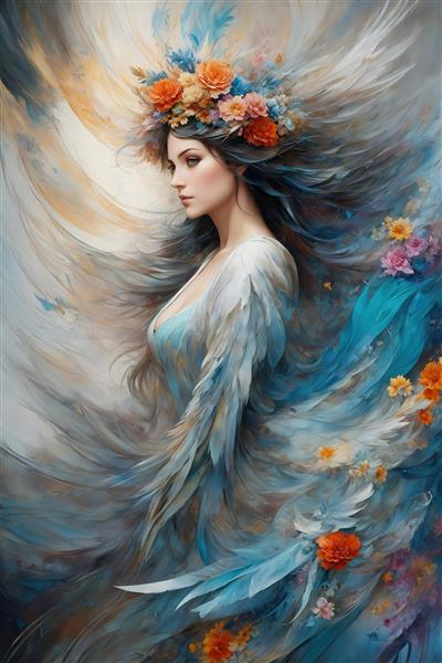 طرح زن بالدار با لباس سفید و گل‌های رنگی برای تابلو دکوراتیو فانتزی