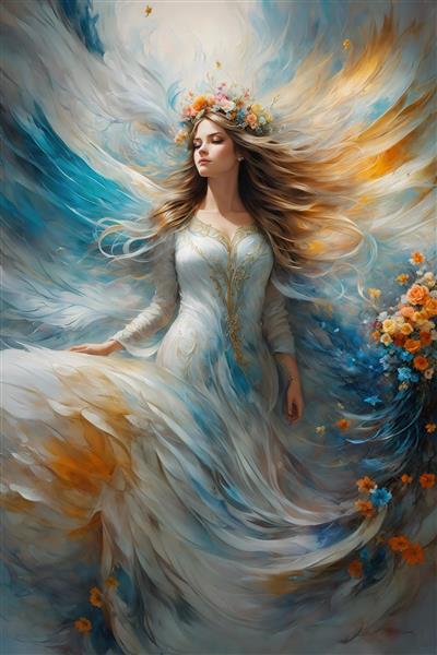 عکس زن فرشته در لباس سفید با گل‌های نارنجی و آبی برای پرده و روتختی