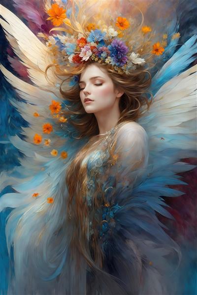 تصویر فرشته زن با تاج گل و بال‌های آبی نارنجی برای پوستر اتاق نشیمن