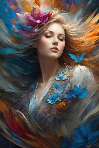 طرح پرتره زن با پروانه و گل‌های آبی برای چاپ روی کوسن و ماگ