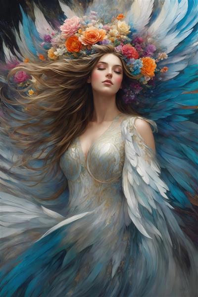 عکس فرشته زن با موهای بلند و تاج گل نارنجی برای تابلو دکوراتیو شیک