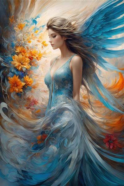 تصویر زن فرشته با لباس آبی و گل‌های نارنجی برای پوستر دیواری باکیفیت