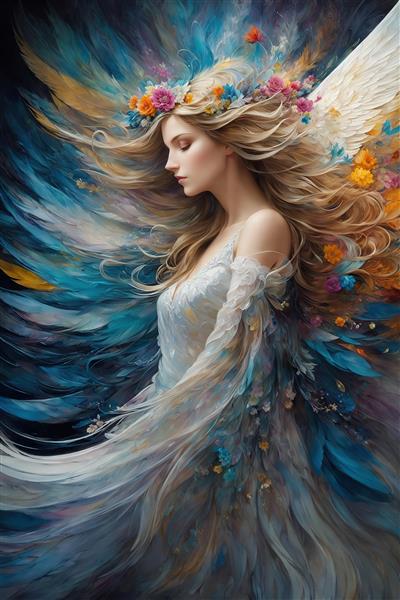 طرح زن فرشته با لباس سفید و بال‌های آبی برای چاپ روی پرده و روتختی