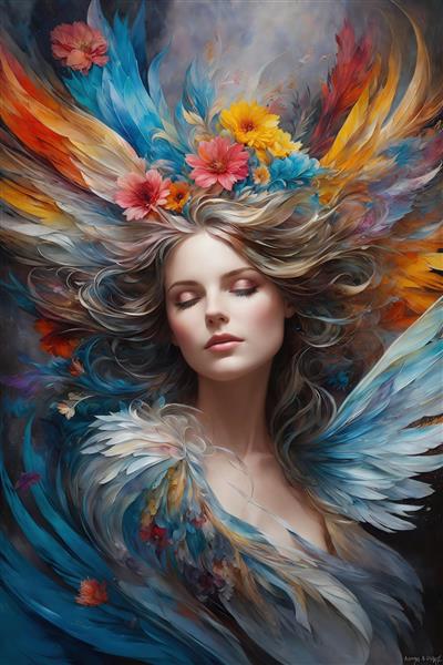 عکس پرتره زن فرشته با تاج گل و موهای پردار رنگارنگ برای دکور دیوار