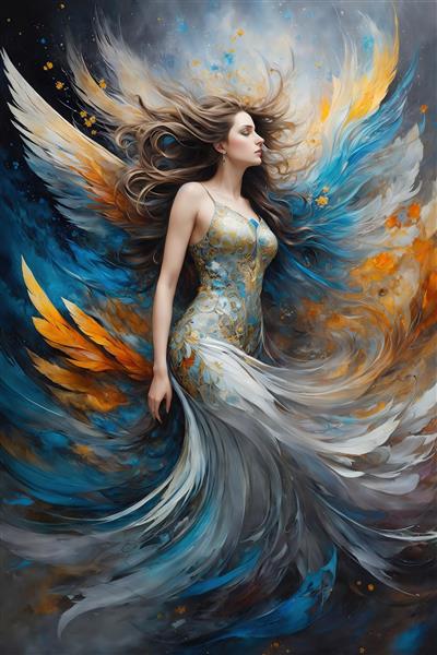 تصویر فرشته زن با بال‌های آبی و نارنجی برای تابلو دکوراتیو پذیرایی شیک