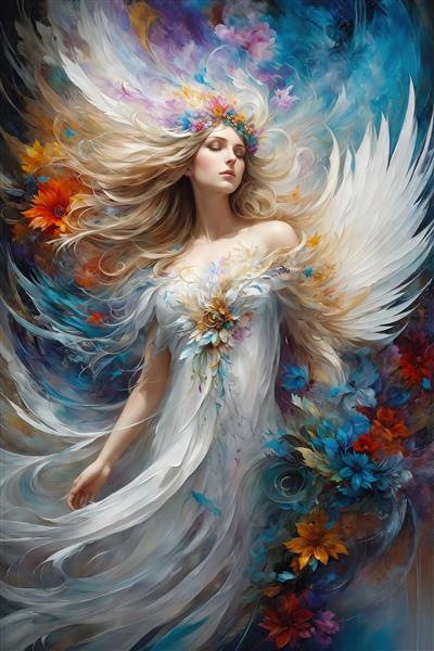 عکس فرشته زن با لباس سفید و گل‌های آبی و نارنجی برای تابلو دکوراتیو