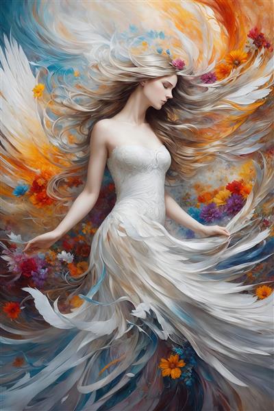 تصویر زن فرشته با موهای بلند و لباس پردار سفید برای پوستر دیواری فانتزی