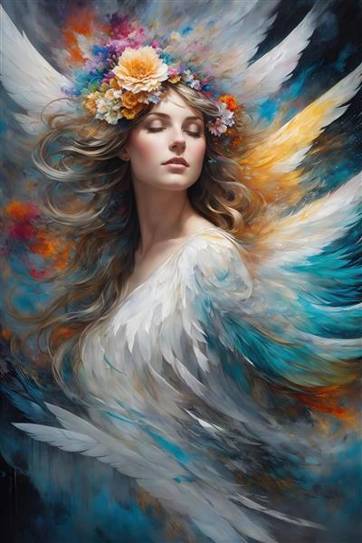 طرح پرتره فرشته زن با تاج گل و بال‌های سفید در پس‌زمینه رنگی