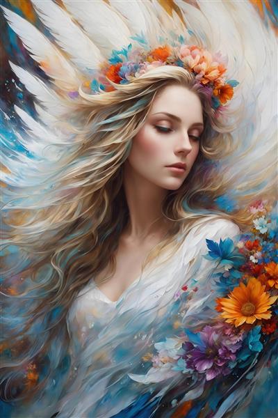 عکس زن فرشته با موهای بلوند و گل‌های بزرگ برای پوستر دکوراتیو پذیرایی