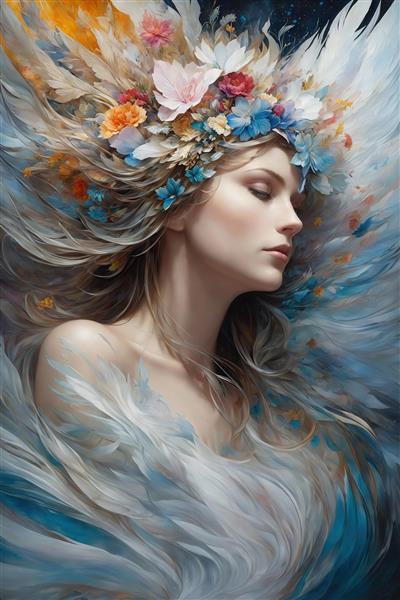 تصویر پرتره زن فرشته با تاج گل رنگارنگ برای تابلو دیواری شیک