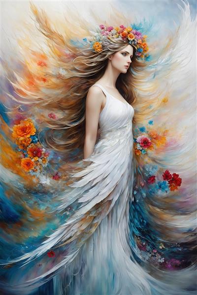 طرح زن بالدار با موهای بلند و لباس سفید برای چاپ روی ماگ و کوسن