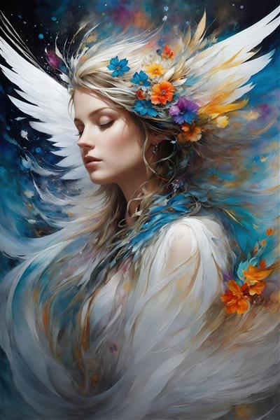 عکس پرتره زن فرشته با تاج گل‌های نارنجی و آبی برای پوستر باکیفیت