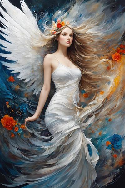 تصویر زن فرشته در لباس سفید با گل‌های رنگی برای پرده اتاق نشیمن