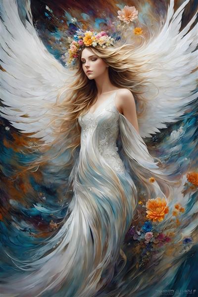 طرح فرشته زن با بال‌های بزرگ سفید و لباس بلند برای تابلو دکوراتیو فانتزی