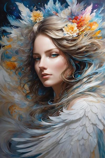 عکس پرتره فرشته با موهای بلوند و بال‌های سفید در پس‌زمینه رنگارنگ