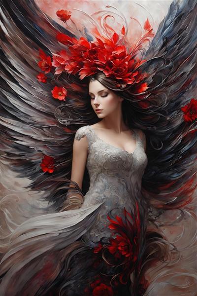 تصویر زن با بال‌های خاکستری و گل‌های قرمز برای پوستر دکوراتیو عاشقانه