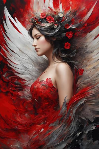 طرح پرتره زن فرشته با بال‌های سفید و لباس قرمز برای چاپ روی کوسن و ماگ
