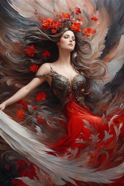 عکس زن با تاج گل قرمز و لباس سفید و قرمز فانتزی برای پرده و روتختی