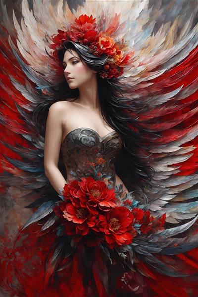 تصویر زن با بال‌های پر و تاج گل قرمز برای تابلو شاسی اتاق نشیمن