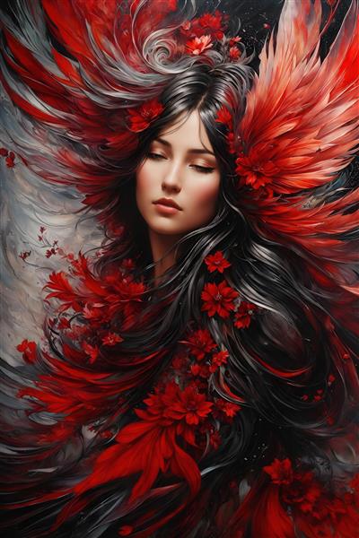 طرح زن با موهای بلند و گل‌های قرمز برای پوستر دکوراتیو باکیفیت تیره