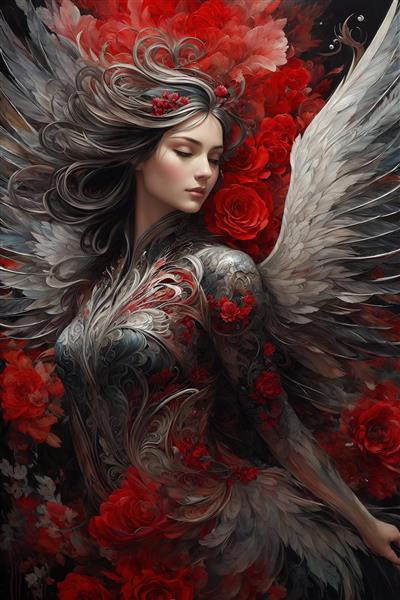 عکس فرشته زن با بال‌های سفید در لباس قرمز و مشکی برای چاپ روی ماگ و کوسن