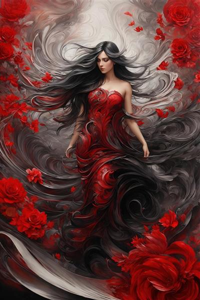 تصویر زن با موهای مشکی در لباس قرمز گل‌دار برای تابلو دکوراتیو پذیرایی