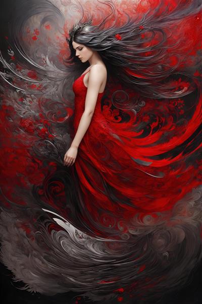 طرح زن با لباس قرمز در میان گل‌های مشکی و سفید برای پوستر دیواری