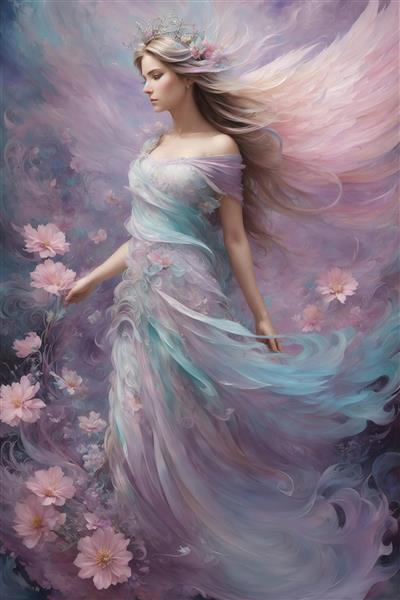 عکس فرشته زن با گل‌های صورتی در لباس پاستلی برای تابلو دکوراتیو شیک