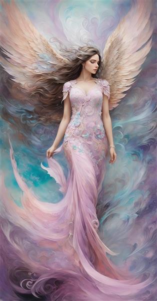 تصویر فرشته زن با لباس صورتی و بال‌های کرم برای پرده و روتختی فانتزی