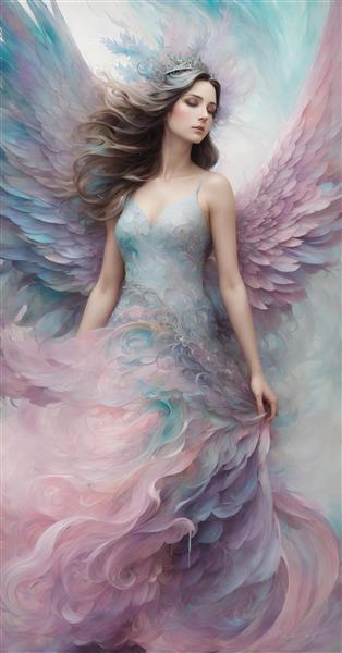 طرح فرشته زن با تاج و لباس پاستلی فانتزی برای پوستر اتاق خواب دخترانه