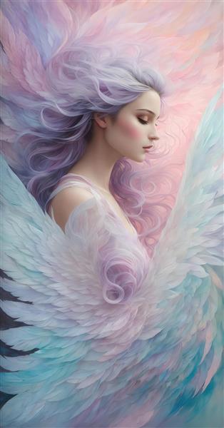 عکس پرتره فرشته با موهای بنفش و بال‌های سفید آبی برای دکور دیوار