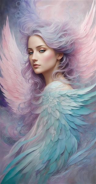طرح پرتره فرشته زن با بال‌های آبی و موهای بنفش برای چاپ روی کوسن