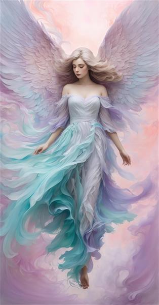 تصویر فرشته زن با لباس پاستلی آبی صورتی برای پرده اتاق خواب