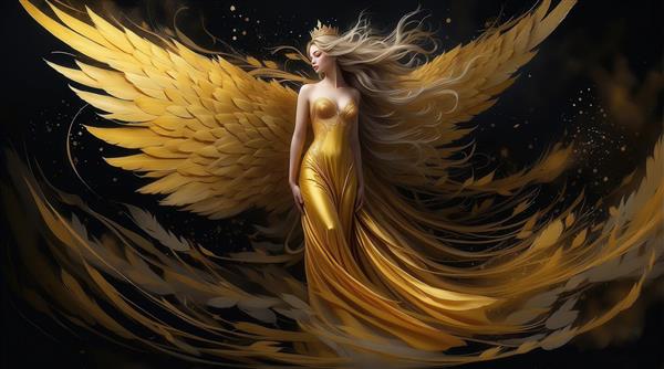 طرح فرشته زن با لباس طلایی و بال‌های بزرگ برای چاپ تابلو پذیرایی شیک