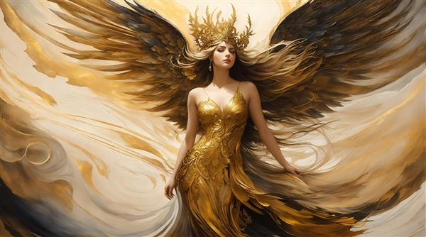 طرح زن بالدار طلایی با تاج برای چاپ روی پرده و روتختی باکیفیت