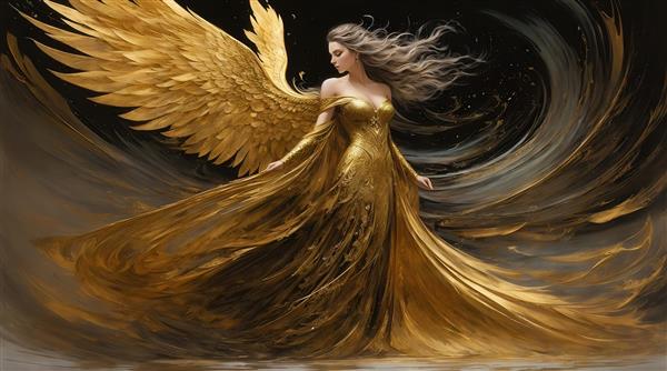 عکس فرشته طلایی زنانه با لباس و بال‌های بزرگ برای پوستر دکوراتیو فانتزی