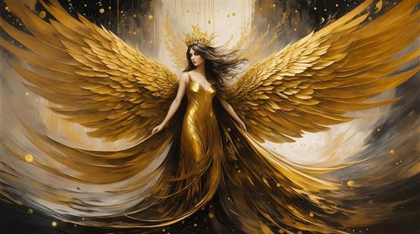 تصویر فرشته زن با بال‌های بزرگ طلایی برای تابلو دکوراتیو پذیرایی