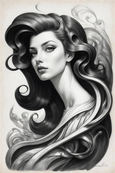 عکس پرتره زن زیبا با موهای مشکی برای پوستر دکوراتیو اتاق نشیمن