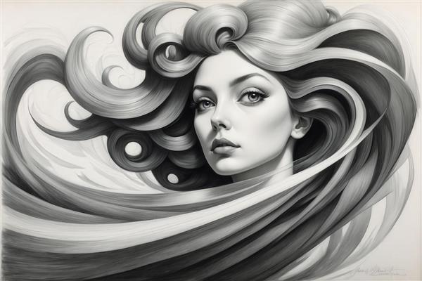 تصویر پرتره زن با موهای پرپیچ‌وتاب برای چاپ دکوراتیو مشکی سفید باکیفیت