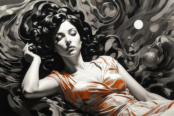 عکس زن در حال استراحت با موهای فانتزی برای پوستر دکوراتیو مشکی سفید